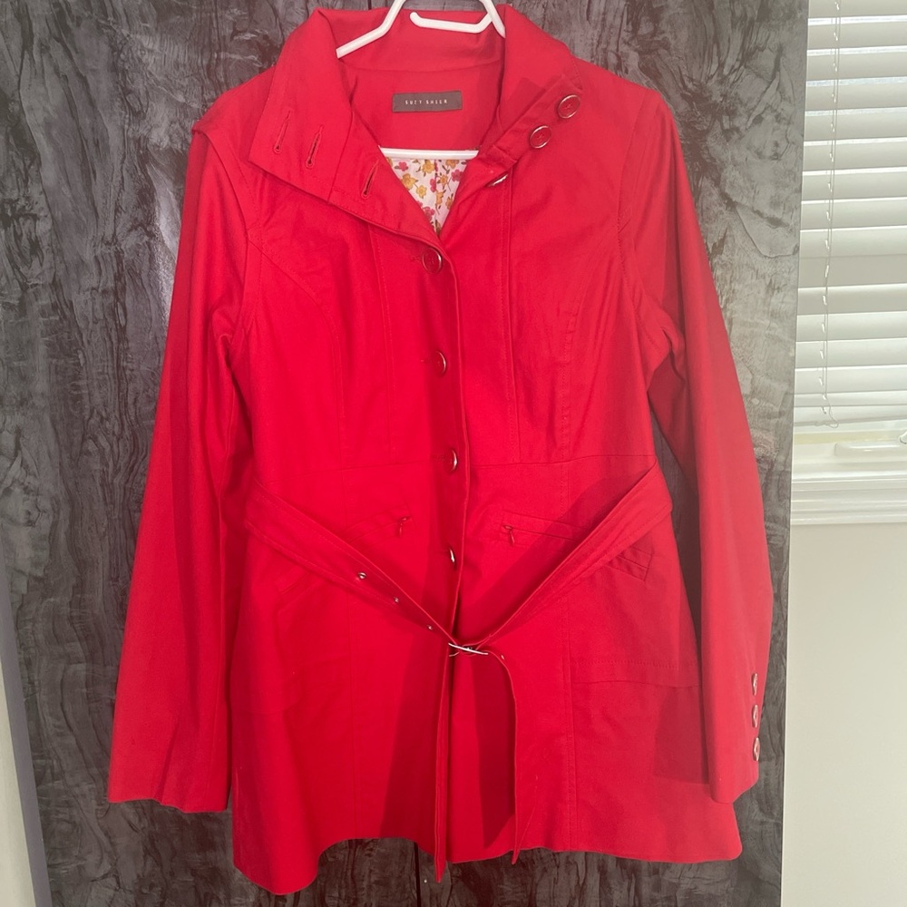 Large Suzi Shier Red With Silver Detail Buttons and Belt Trench Coat
